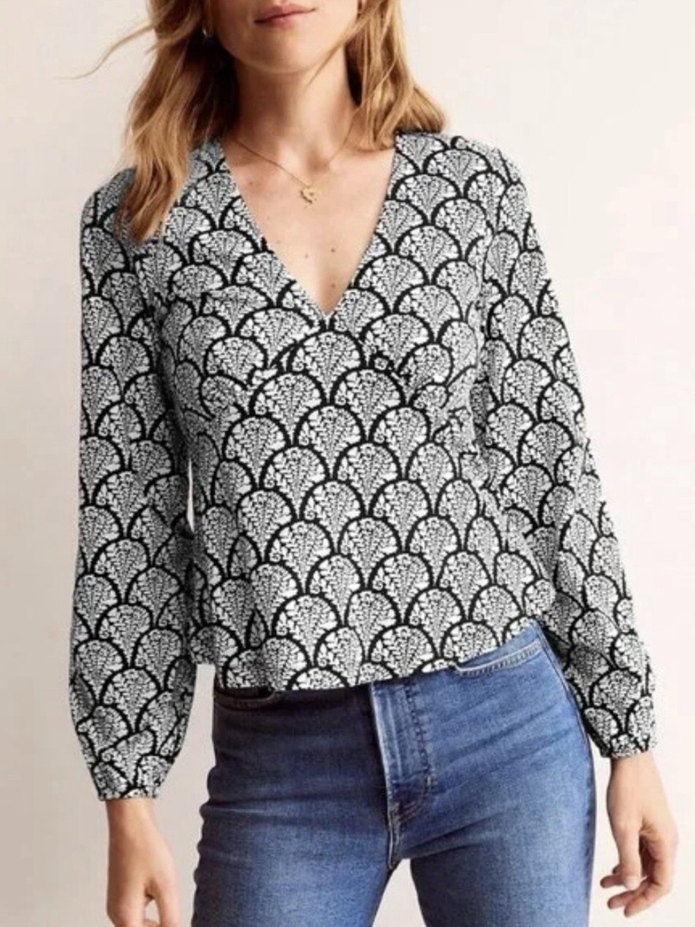 Boden V-Neck Peplum Top Women’s Size 8 100% Cotton Puff Sleeves Block Printed